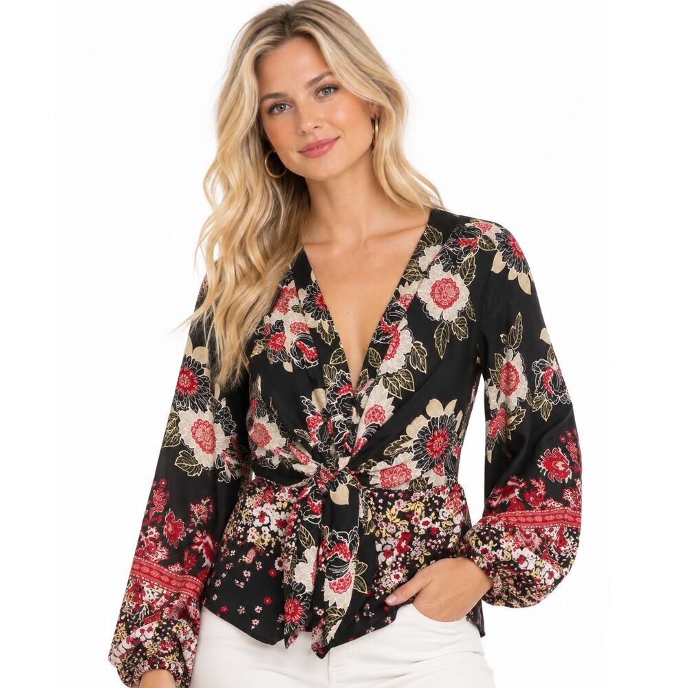 Free People Run Free Tunic Womens Medium Black Floral Tie Front Boho Peasant